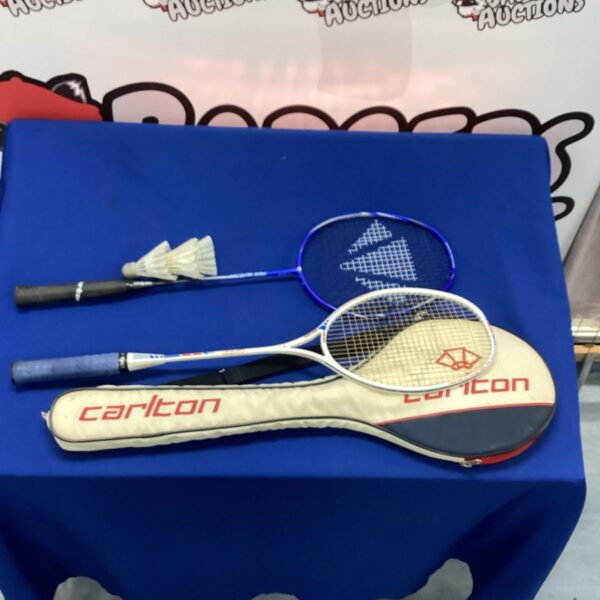 Vintage Carlton badminton racket and pair for sports enthusiasts.