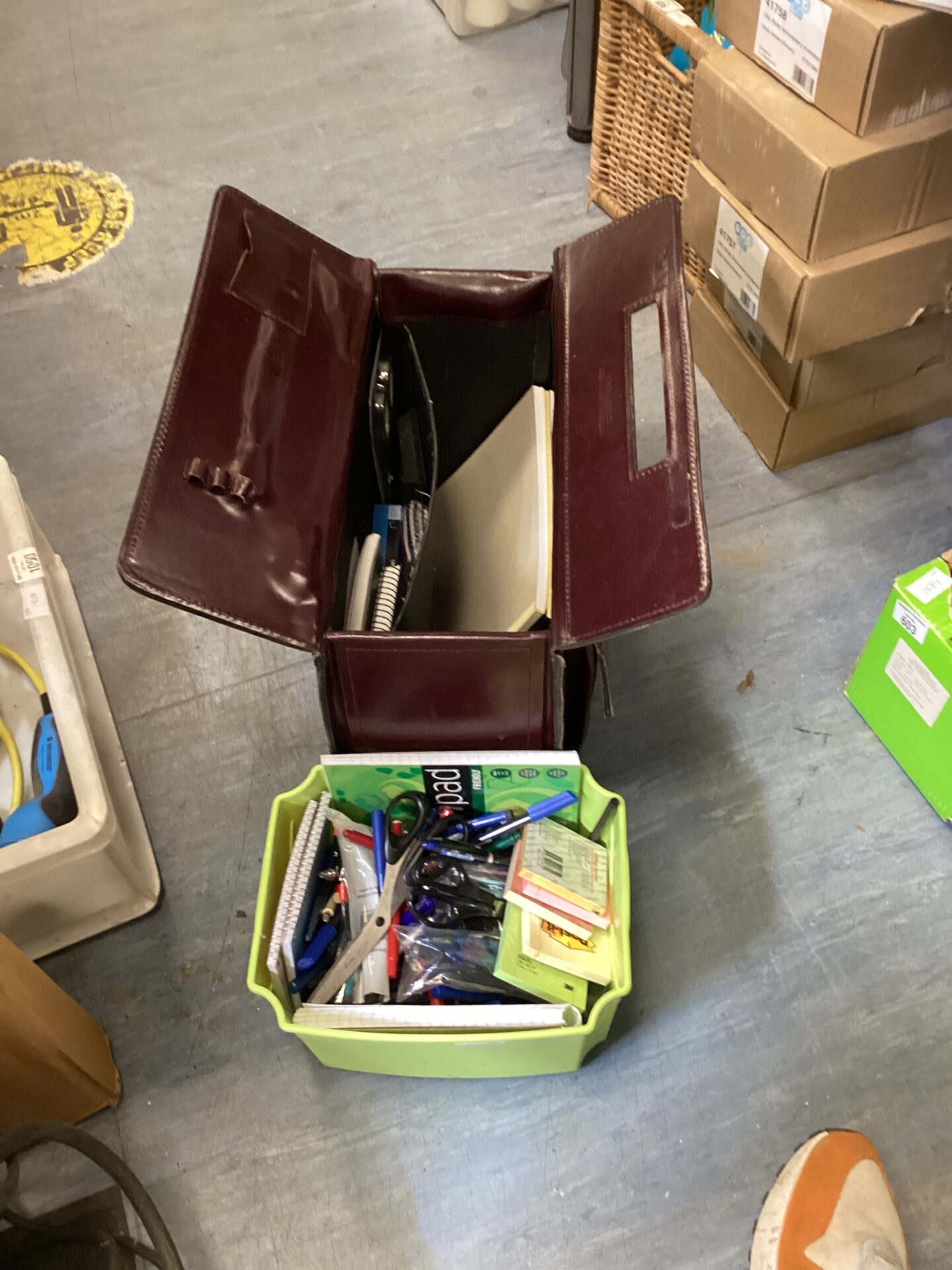 604 Briefcase with stationary & box of mixed stationary items inc pens & notepads