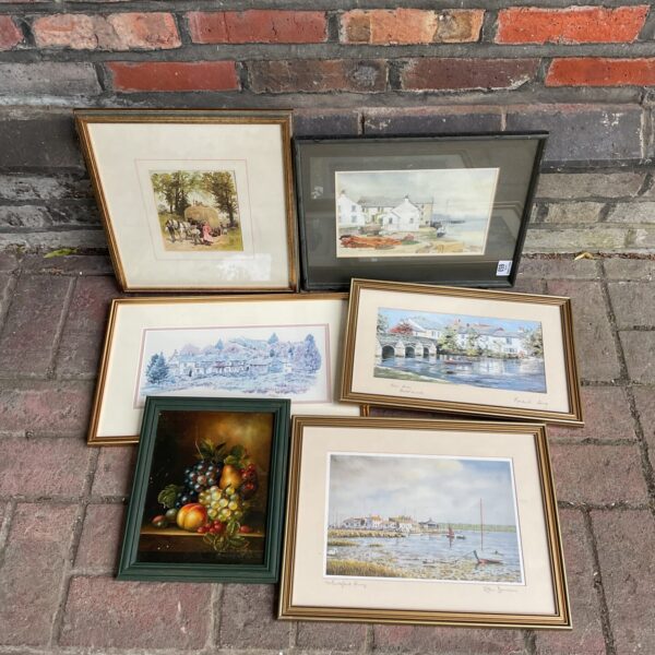 Collection of framed prints and artwork by Rachael Long and Robin Davidson.
