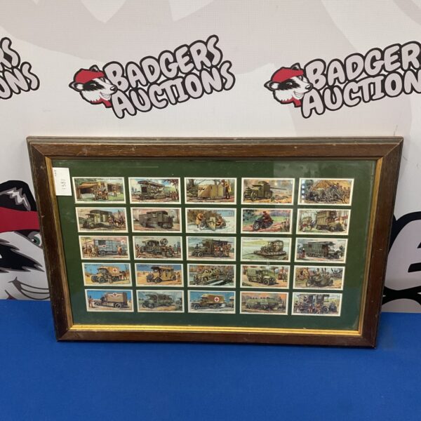 Framed set of vintage Wills Military Motors cigarette cards.