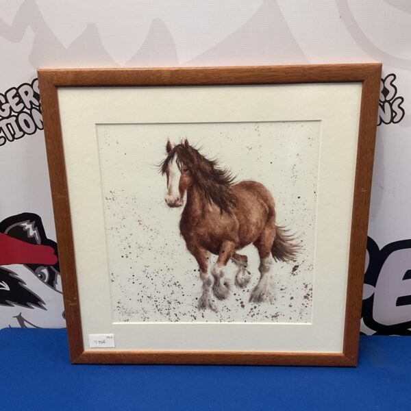 Signed watercolour painting of a horse in a countryside setting.