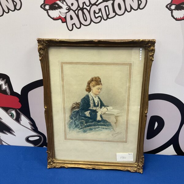Antique Victorian watercolour painting of a seated lady by M Lewes.