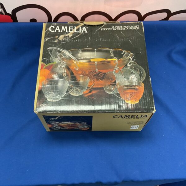 Vintage Camelia 26-piece punch set with glass bowl and cups.