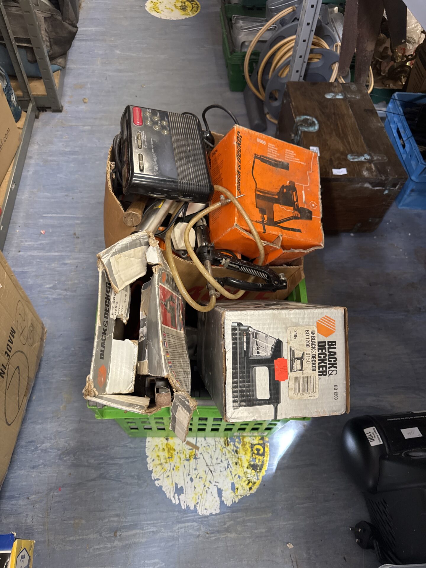 1101 Large crate of mixed shed clearance items inc power tools & others