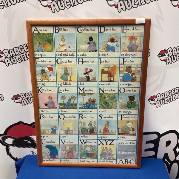 Framed vintage alphabet print with colourful ABC illustrations.