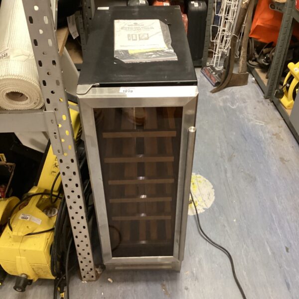 Stainless steel Glen Dimplex wine chiller for countertop use.