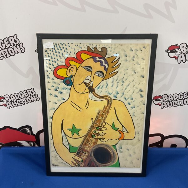 Signed 1960s watercolour portrait of a female saxophonist playing music.