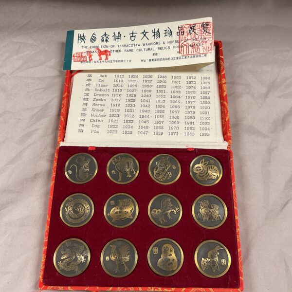 Set of twelve Chinese year tokens representing the zodiac animals.