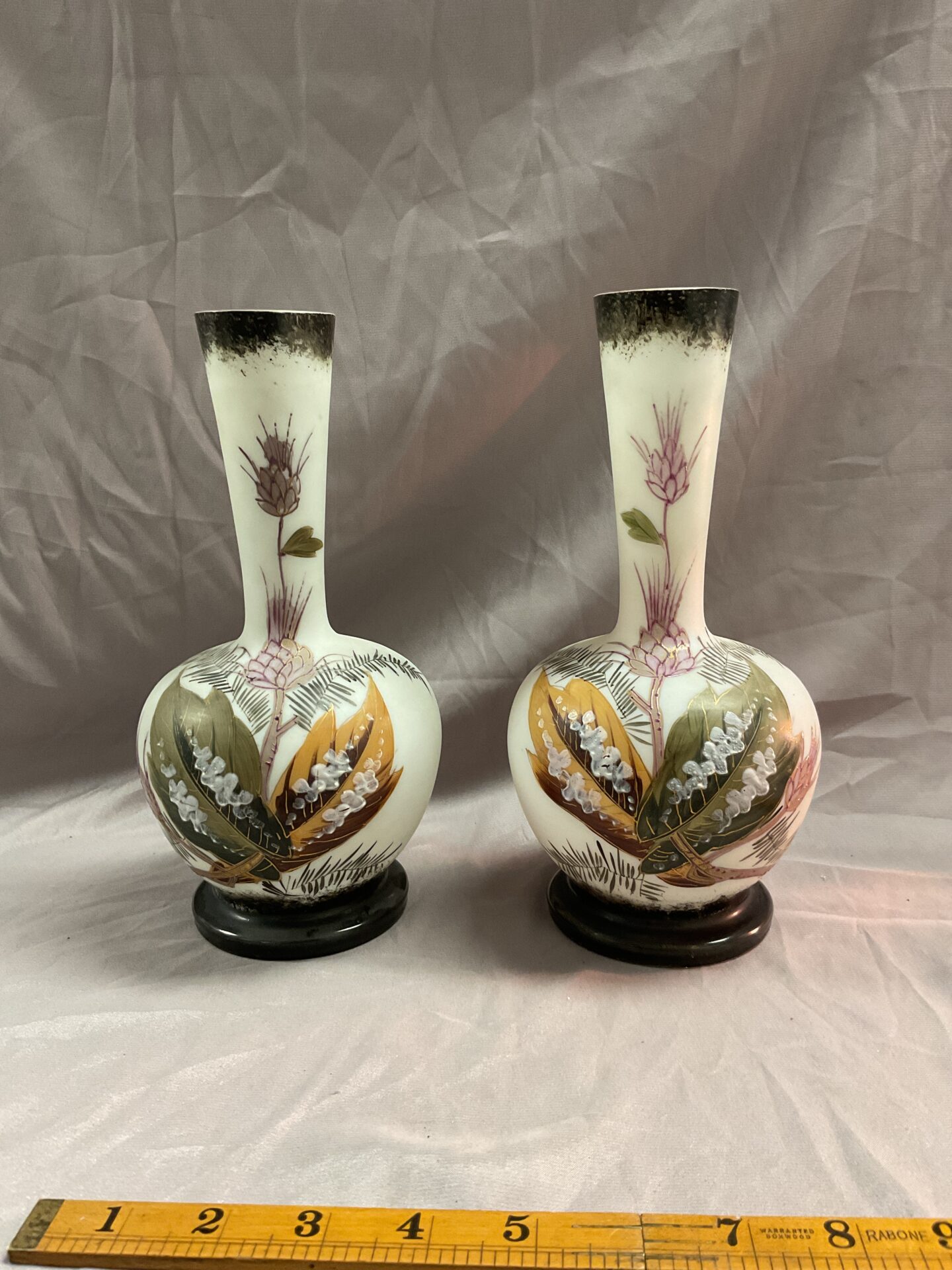 838 Antique Pair of hand decorated Victorian milk glass 10” vases