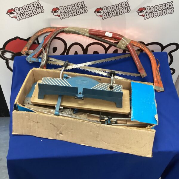 Vintage mitre saw and bow saws lot for woodworking and collecting.