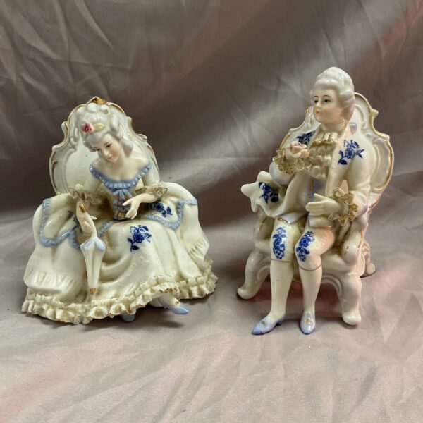 Antique Japanese Bond ware porcelain figures, a gentleman and a lady.