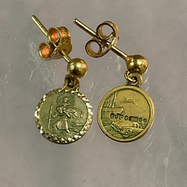 9ct gold St Christopher earrings, detailed religious jewellery.