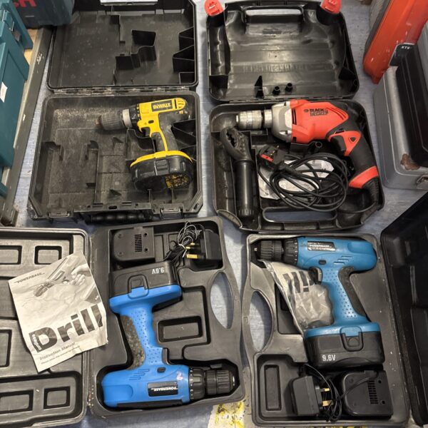 Untested power tool lot including Dewalt and Black & Decker drills.
