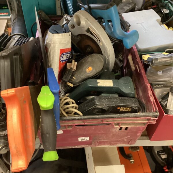 Mixed lot of tools including a Powerbase circular saw for DIY projects.