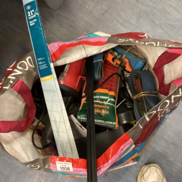 Mixed lot of tools and hardware including ratchet straps and metal edging.