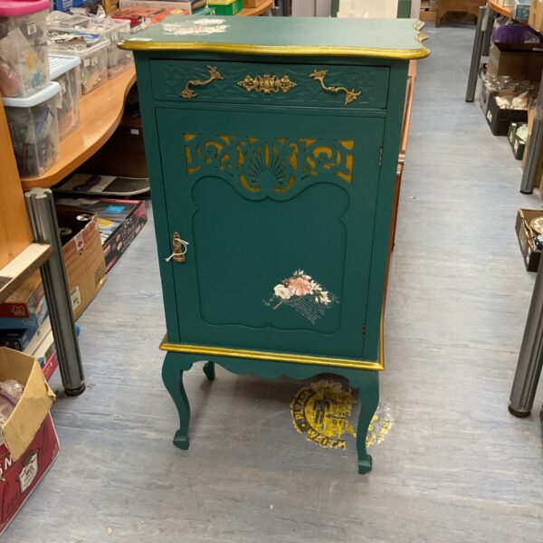 Beautiful shabby chic decoupage cabinet with vintage farmhouse style.
