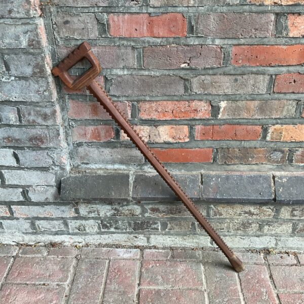 Detailed view of a hand-carved walking stick with a unique handle.