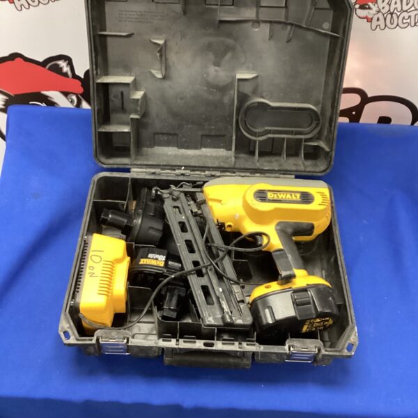 Dewalt battery nail gun side view, cordless power tool.