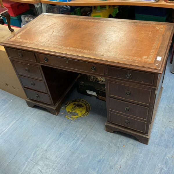 Vintage leather top office desk with drawers.