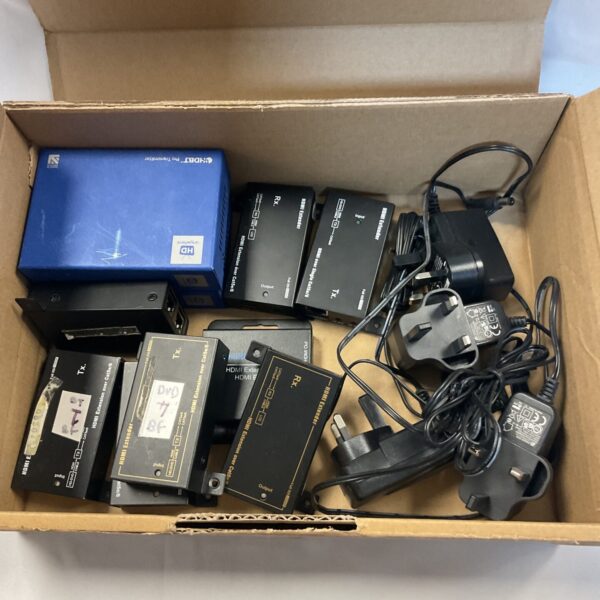 Lot of HDMI extenders with power supplies for long-range video transmission.