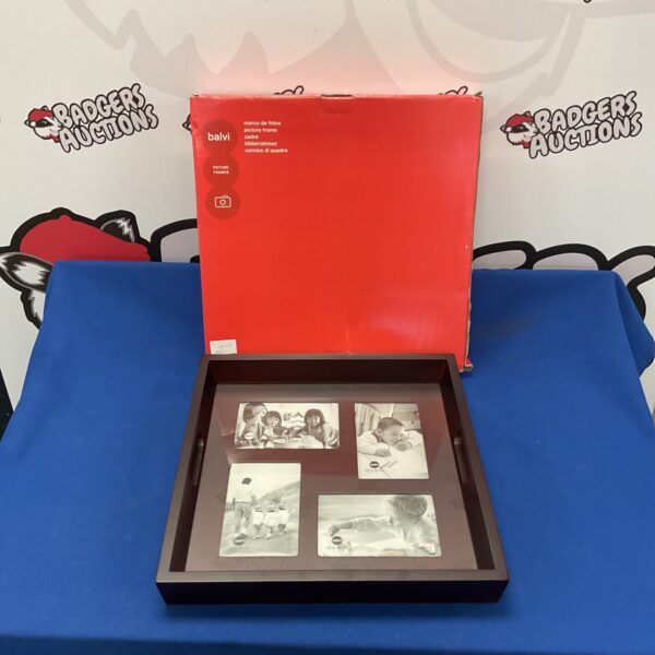 Vintage Balva wooden photo frame serving tray for photo display.