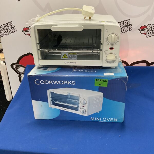 Front view of a Cookworks mini oven, a small kitchen appliance.
