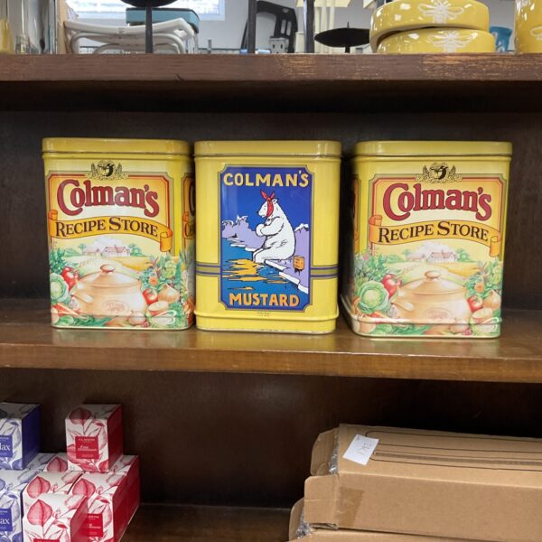Set of three vintage Colmans mustard tins for collectors.