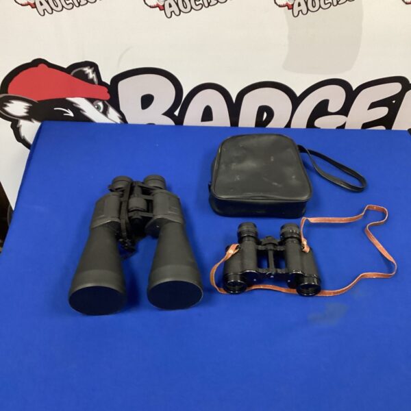 Vintage Zennox 36x70 binoculars and unbranded pair displayed.
