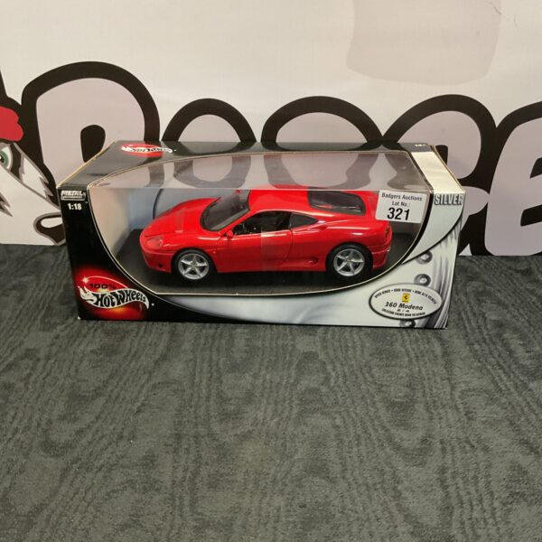 Boxed Hot Wheels 1:18 scale Ferrari 360 Modena diecast model car.