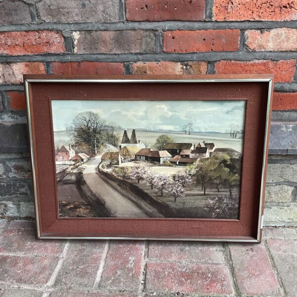 Vintage Rowland Hilder print of a hop farm in the countryside.