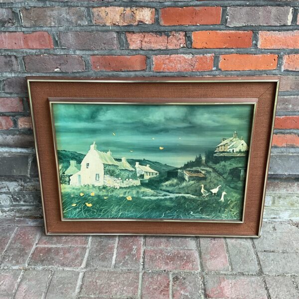 Vintage John Rogers farmhouse print with ducks in a night scene.