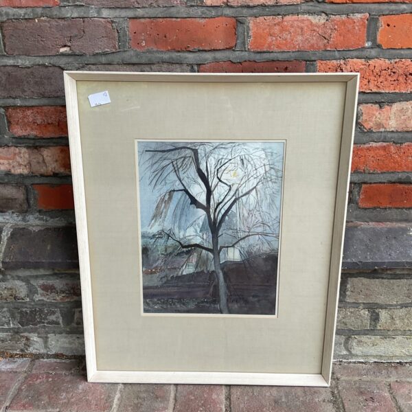 Signed M Spencer watercolour painting of a willow tree landscape.