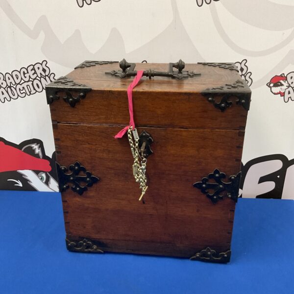Antique oak church lock box with key, vintage religious donation box.