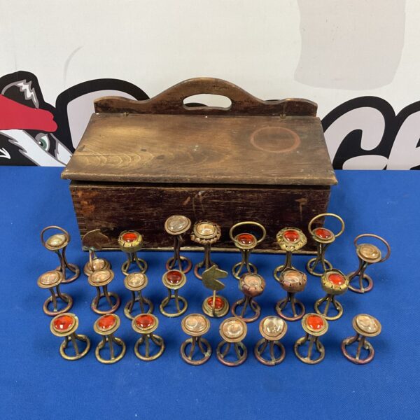 Vintage Arts & Crafts copper and brass chess pieces set.