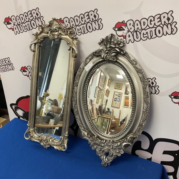 Ornate silver framed French style mirrors, antique pair.