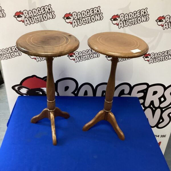 Pair of vintage wooden wine side tables with turned legs.