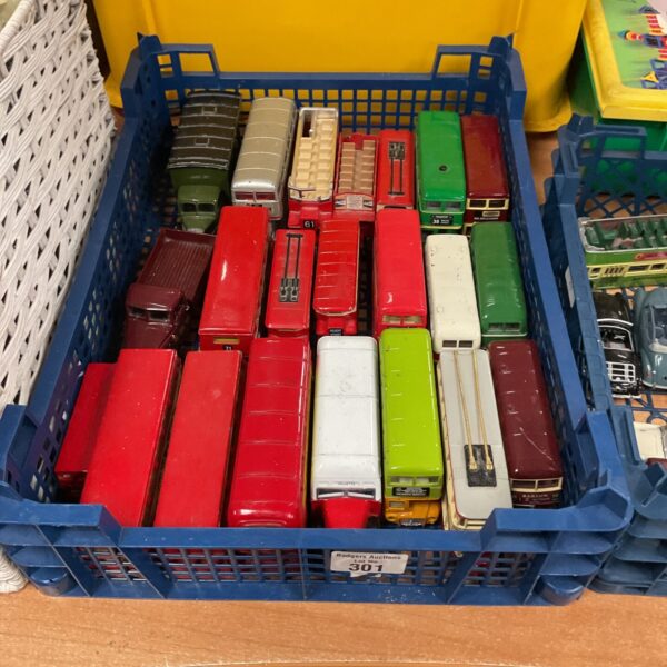 Vintage diecast bus and truck lot with Corgi and Matchbox models.