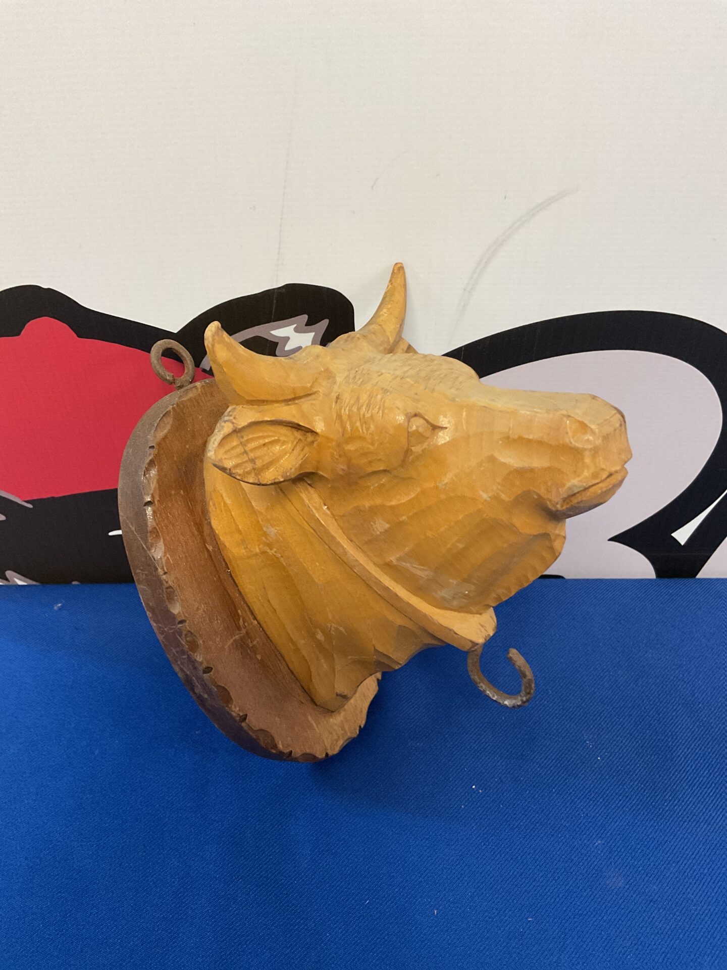 041 Mid century german carved wooden bull bell hook
