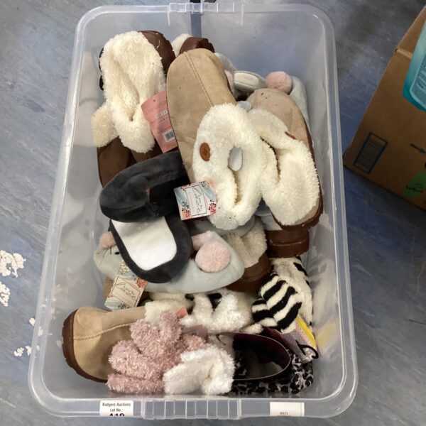Assorted ladies slippers in a storage box, comfort footwear.