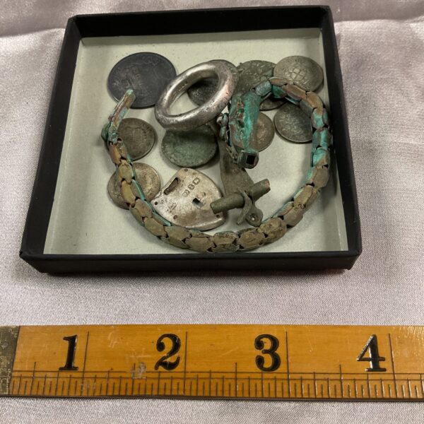 Mixed lot of Roman coins, Victorian bracelet and silver ring.