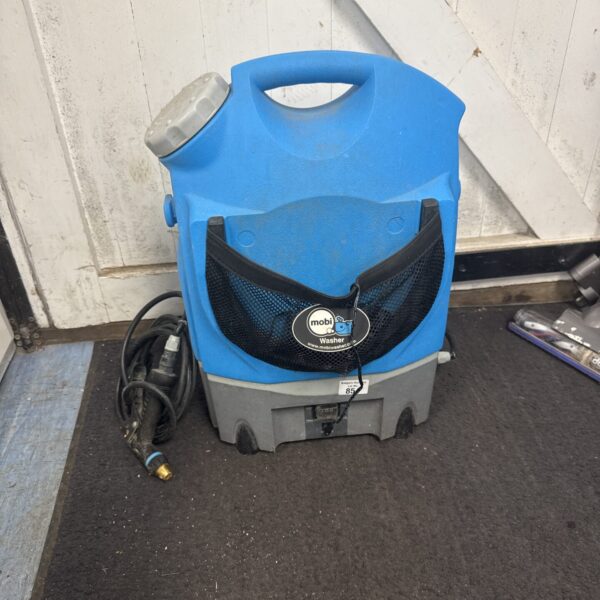 Mobiwasher portable cleaner with power adapter, ideal for car and outdoor cleaning.
