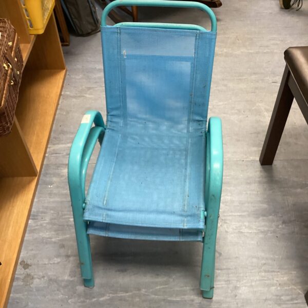 Vintage metal garden chair with woven seat and back.