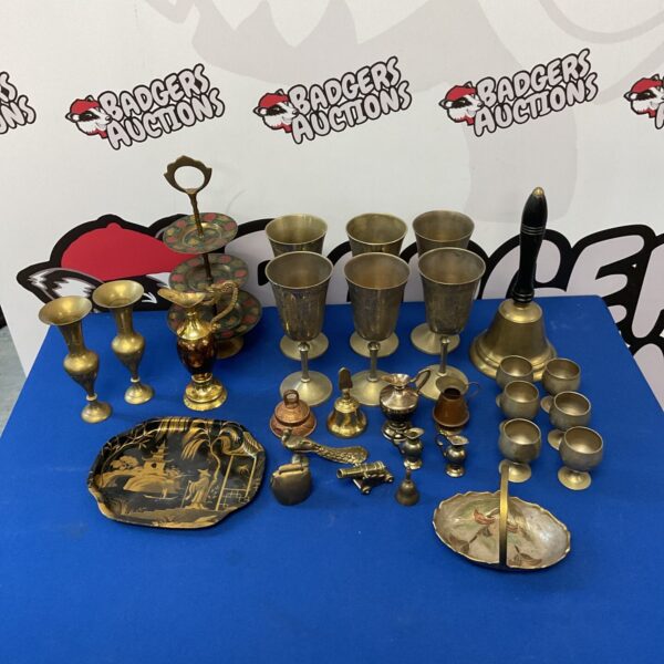 Vintage brass and silver plate lot with hand bell and bowls.
