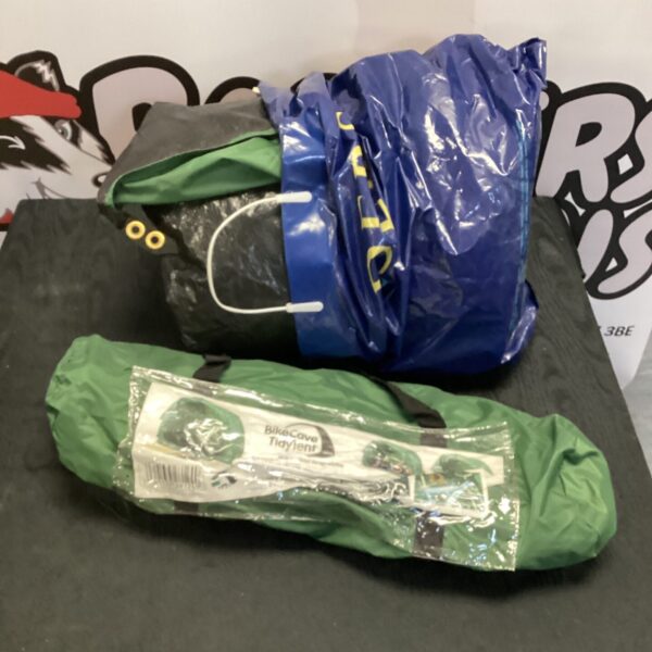 Bike Cave tidy tent with cover, showing portable bicycle storage solution.