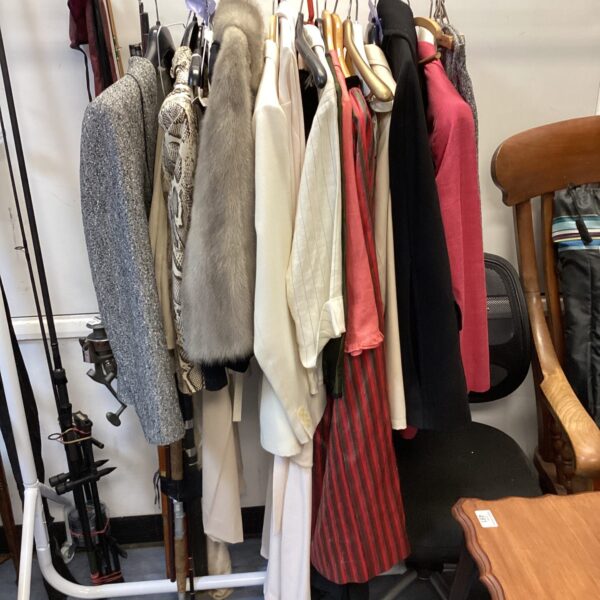 Designer ladies clothing lot including coat, blouse and dress.