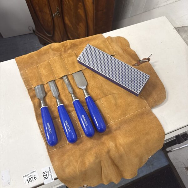 Faithfull chisel set with sharpening block and case for woodworking.