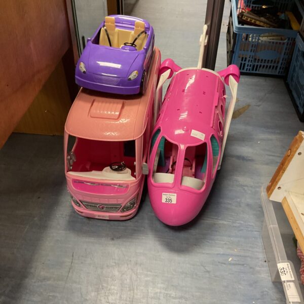 Vintage Barbie vehicles lot including campervan and aeroplane.