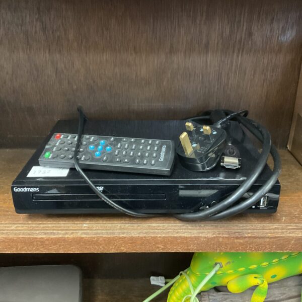 Black Goodmans DVD player with remote control displayed.