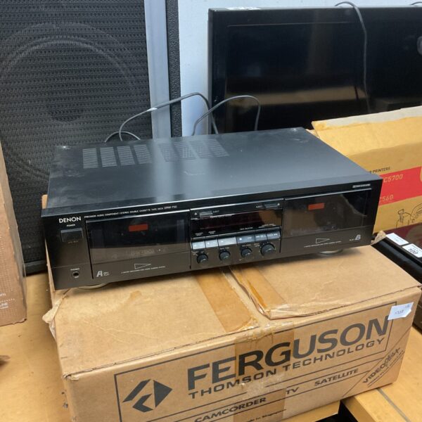 Vintage Denon DRW-750 double cassette deck for stereo audio recording.