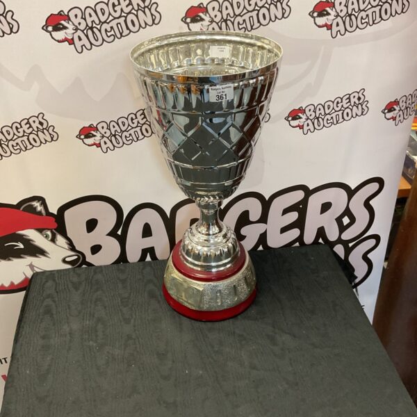 Polished metal trophy on a white background.